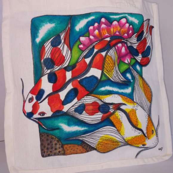 Handmade Tote Bag With Two Hand Painted Butterfly Koi Fish in Pond With Lotus - Picture 5 of 15